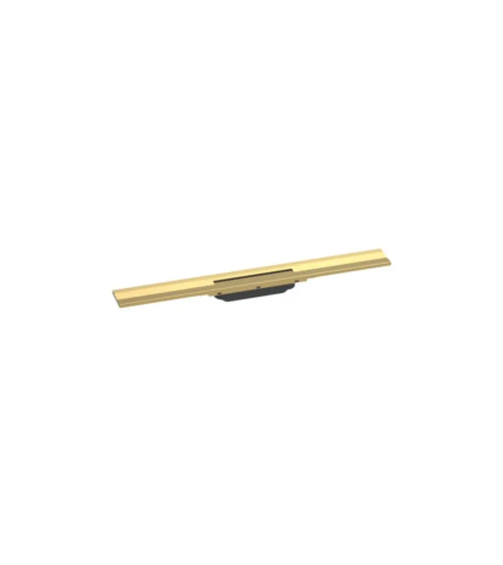 Duschrinne in goldener Optik von Hansgrohe, horizontaler Aufbau mit durchgehender Oberfläche, geeignet für Wandmontage, flexibel kürzbar.